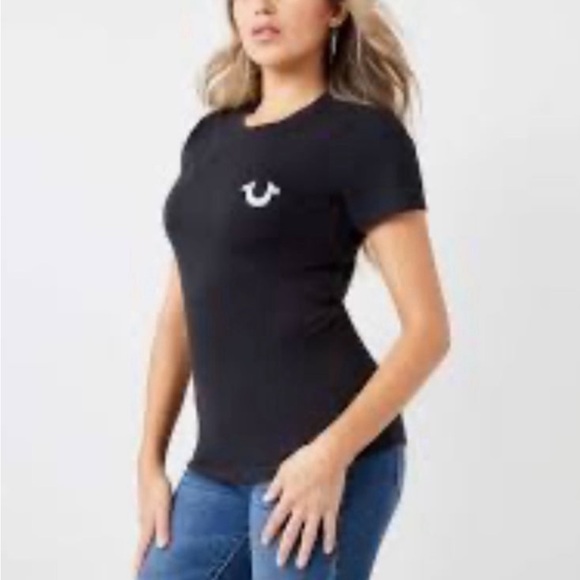 True Religion Women GLITTER WORLD WIDE LOGO TEE XS NWT Black/Orange - Picture 5 of 10